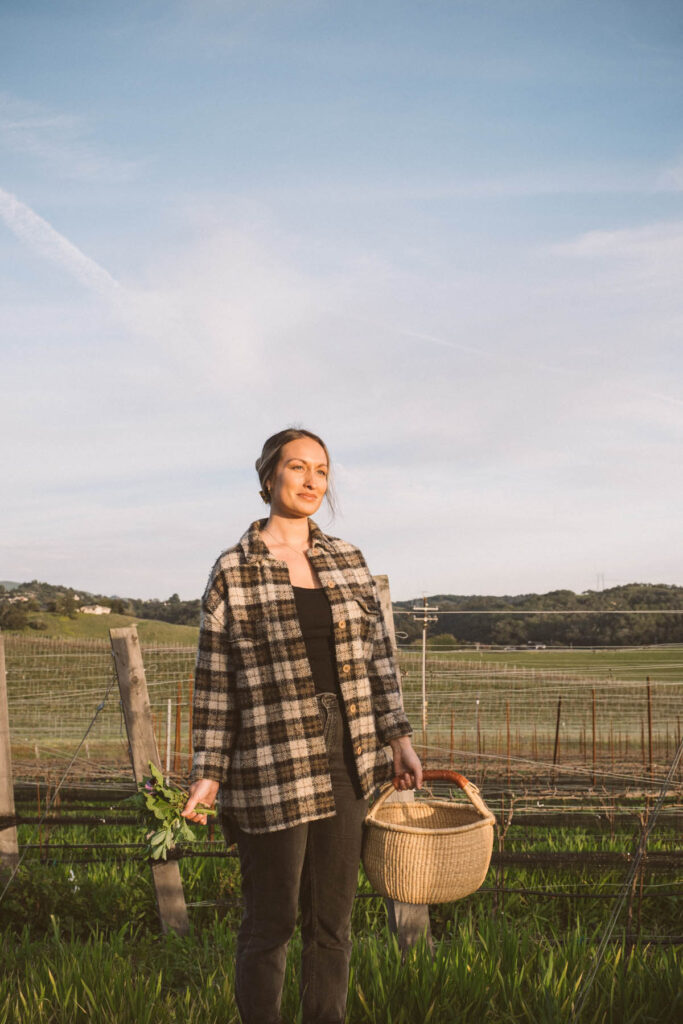 Chef Lindsey Morin harvesting cover crops at the Center of Effort vineyard in San Luis Obispo.