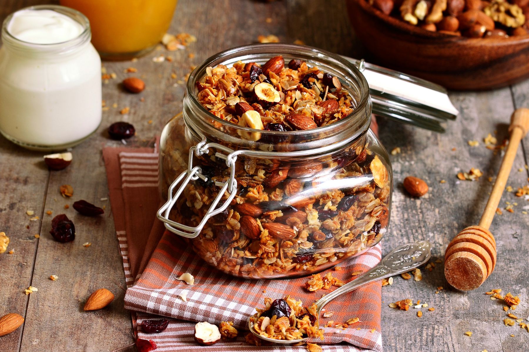 Photo of granola in a glass jar.