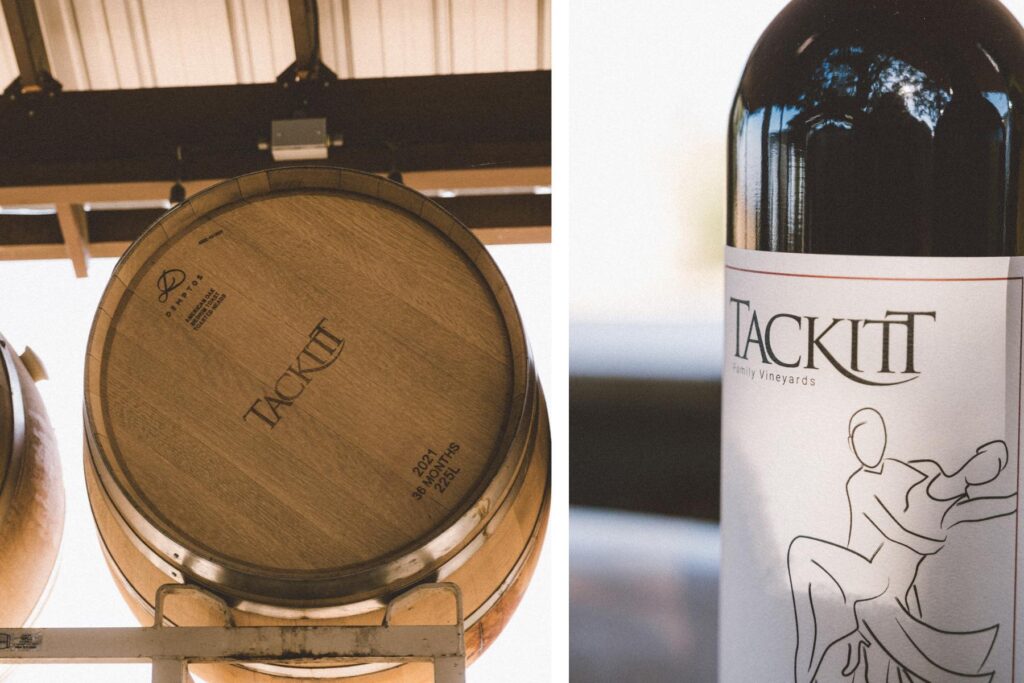 Barrels of Tackitt Family Vineyards wine.