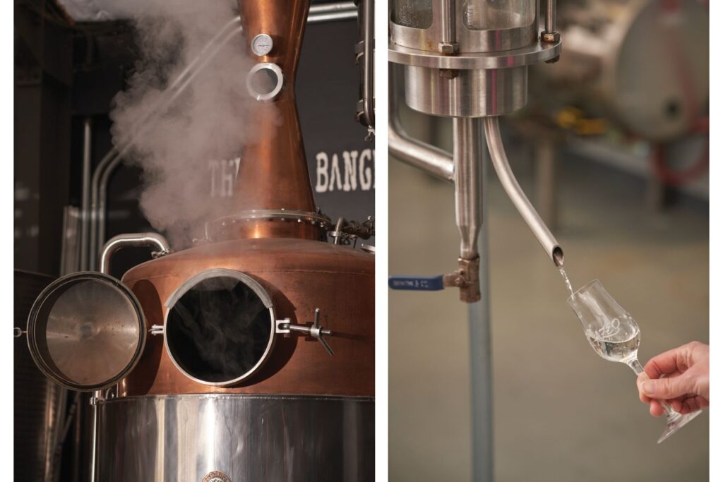 Steam escapes from a still at Tin City, Sampling at Azeo