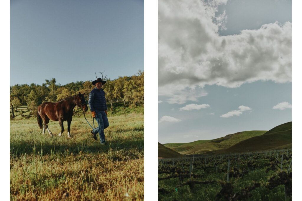 Two photos of a cowboy and horse and a photo of open skies