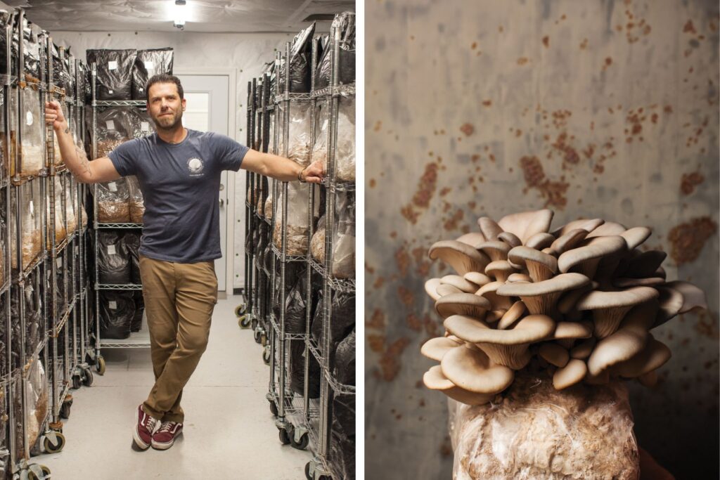 Man stands for photo, mushrooms captured in the photo on the right