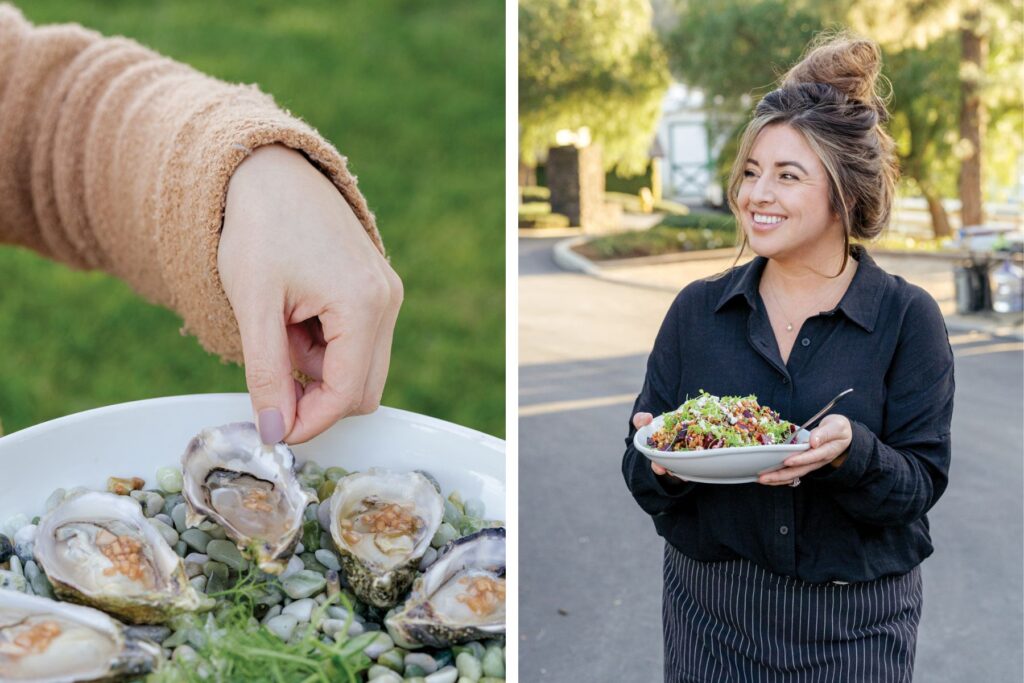 Photos of oysters and a woman holding a shared salad