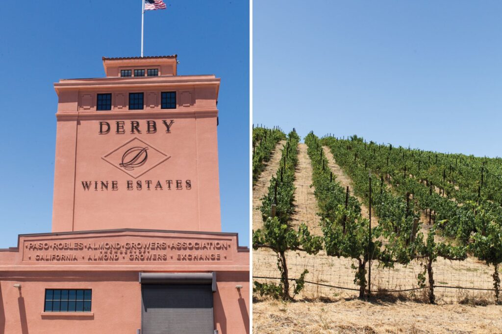 Two photos of Derby Winery and the Bon Niche Cellars' vineyard