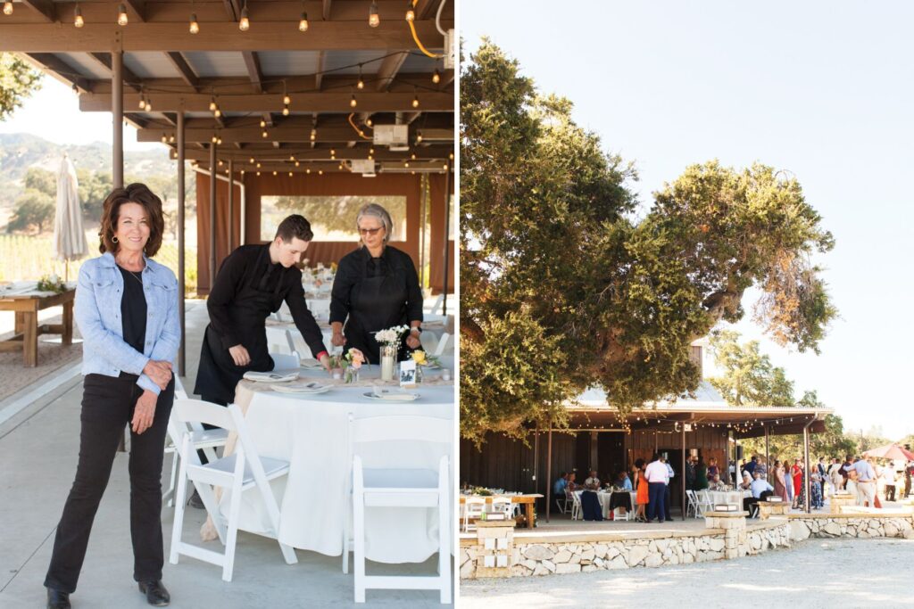 Photo of Pati and crew, and photo of wedding at Oyster Ridge in Templeton