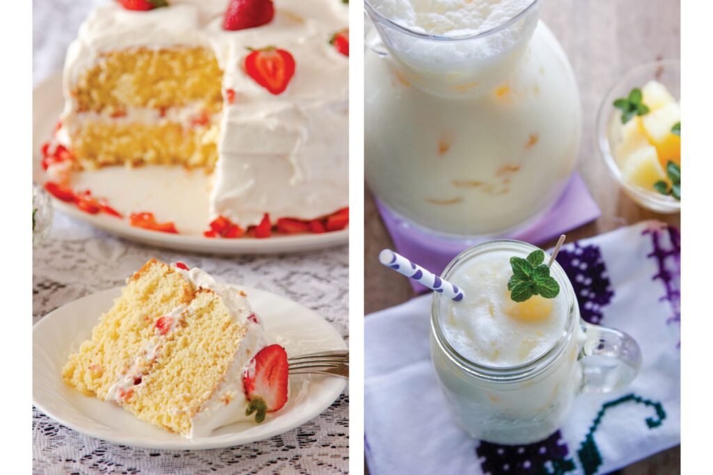 Two photos of a tres leches and pina colada