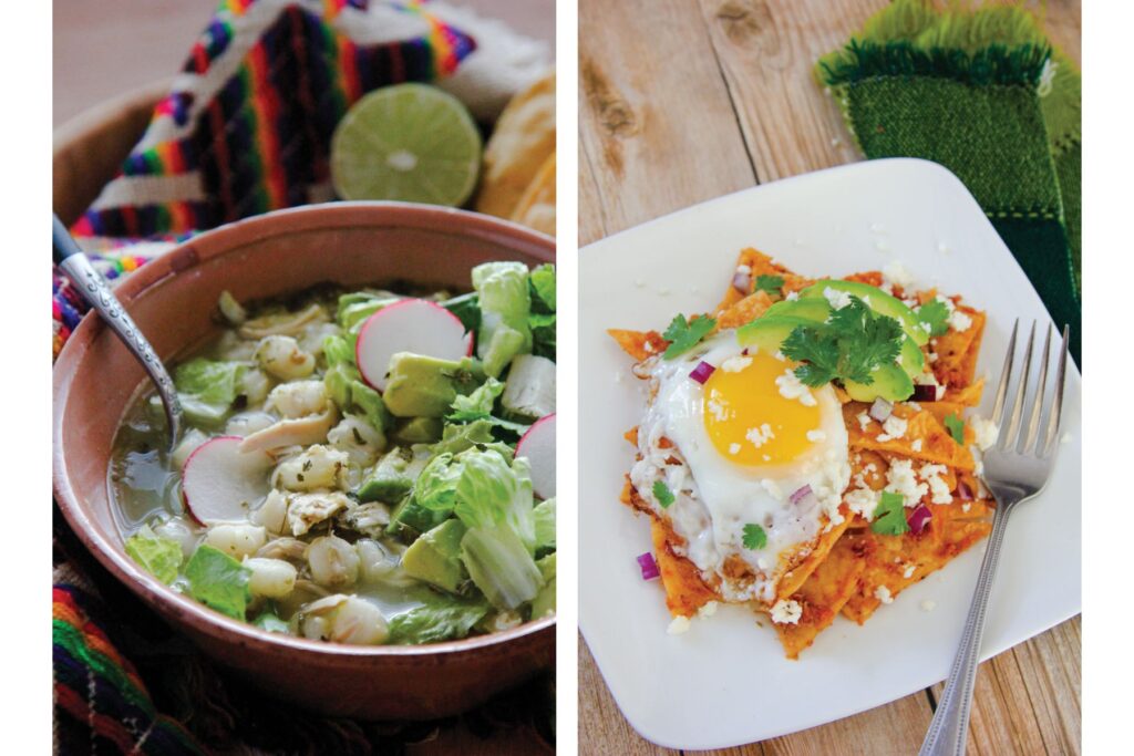 Two photos of chilaquiles rojos and pozole verde