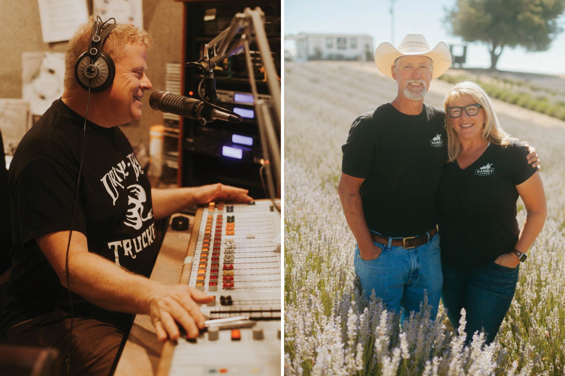 Two Photos of a man working a DJ booth and a couple standing in a field