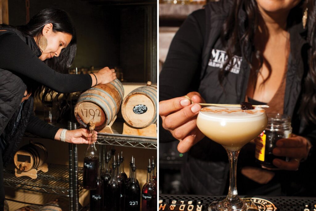 Blanca Aguirre fills bottle with maple aged whiskey for use at the downstairs bar. On the right, a whiskey sour with egg white.