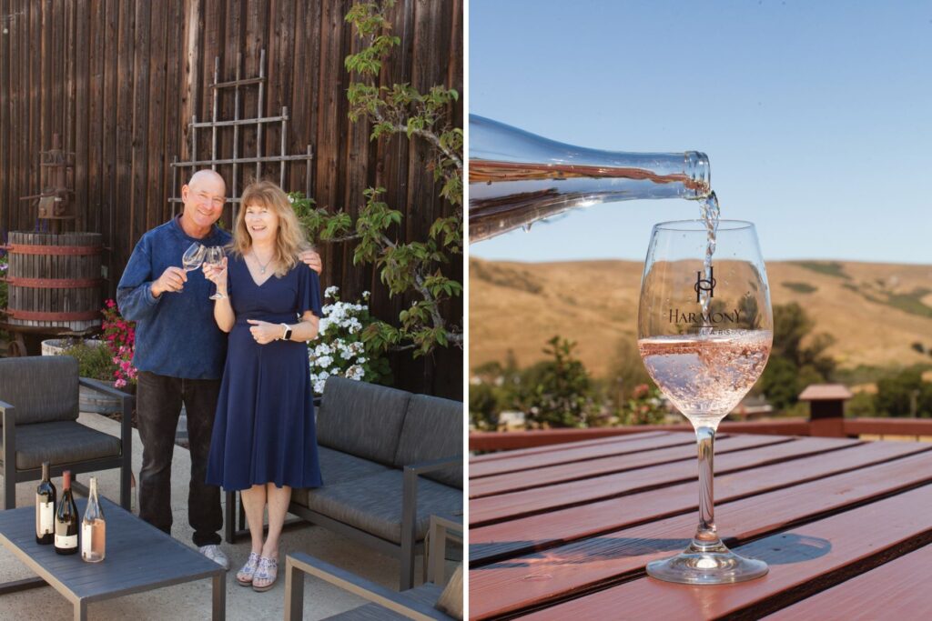 Photo of two people and wine glass.