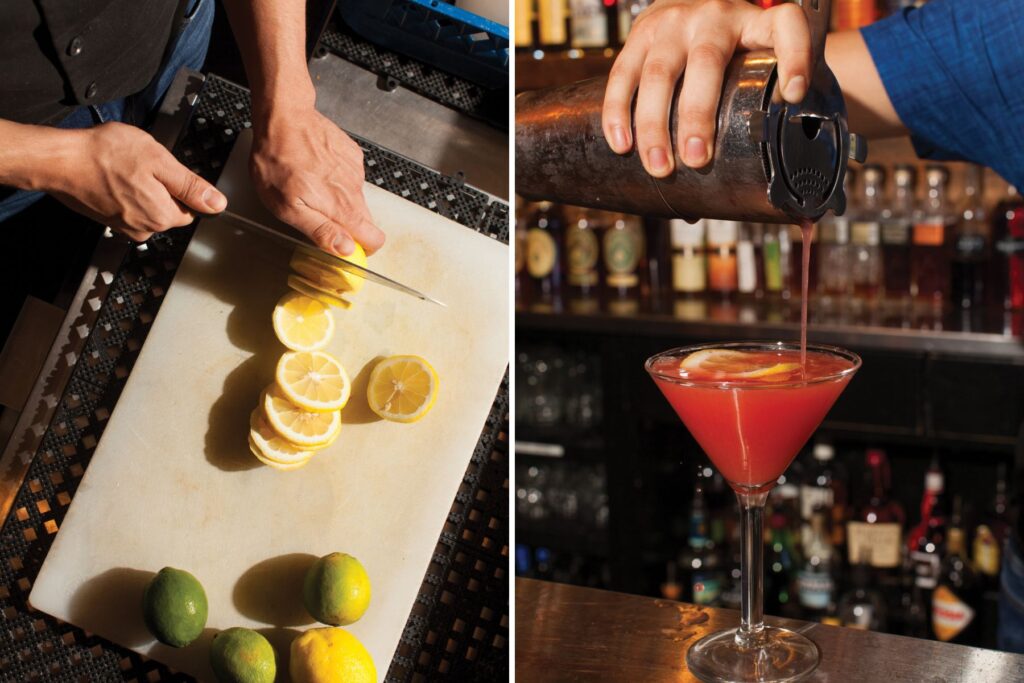 Daily prep work includes slicing garnishes, juicing grapefruits and filling syrups. On the right, a strawberry basil lemondrop.