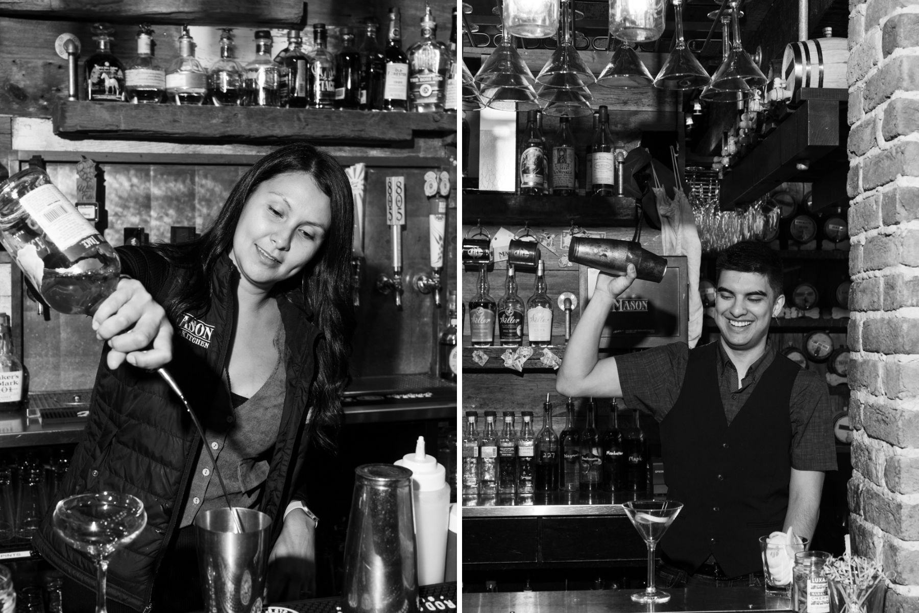 Two photos of people making cocktails behind a bar.