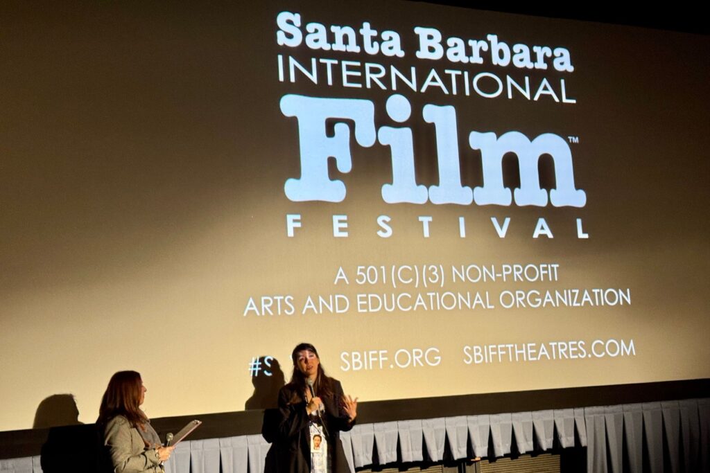 Two women doing a Q&A for a movie