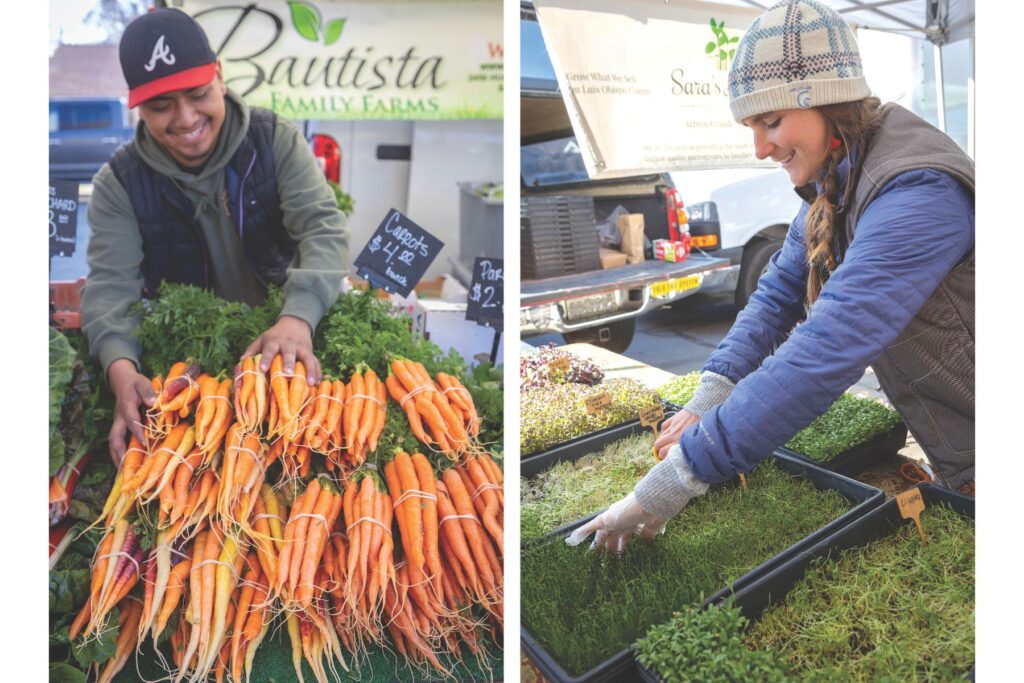 Two photos of farm fresh produce at the farmers market