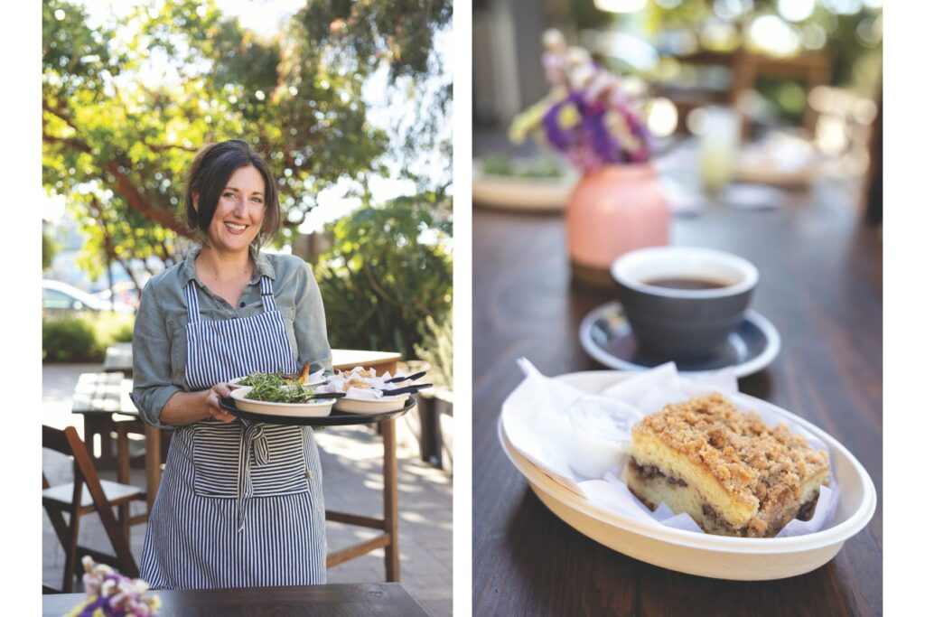 Jeniece Grimshaw, Owner of Bijou Bakery, here with the shop’s seasonal vegetable quiche and cinnamon pecan coffee cake.