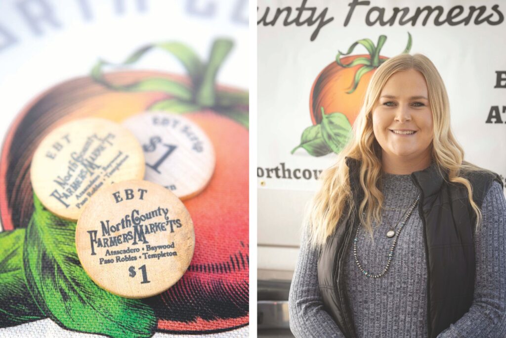 Two photos of farmers market token program and woman who manages the Farmers Market