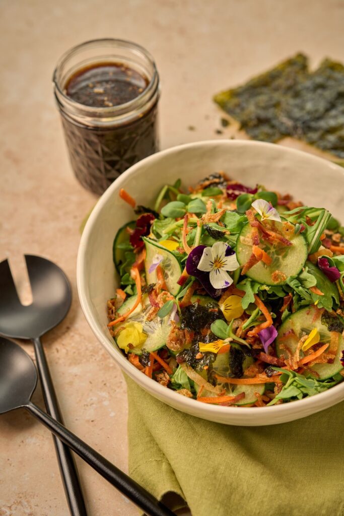 Mizuna Salad with Water-Based Honey Garlic Dressing