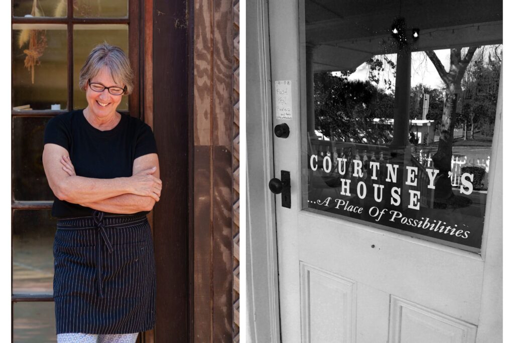 Two photos of woman and door to business