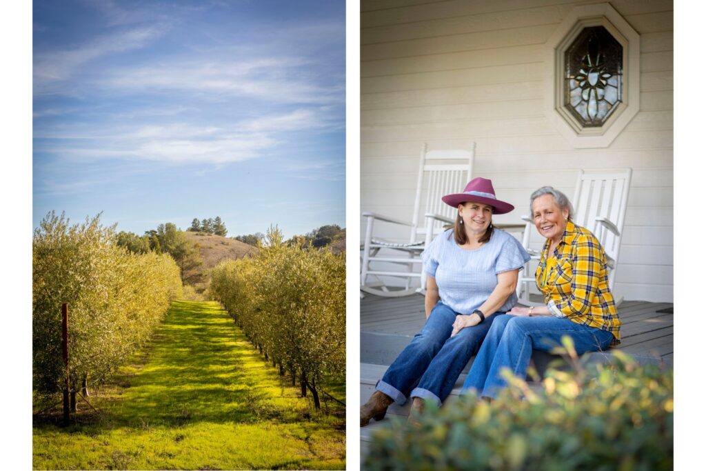 Two photos - olive farm and mother-daughter duo