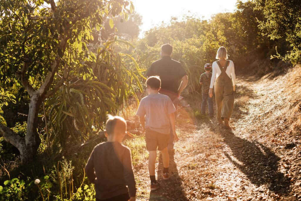 Family walking on the farm