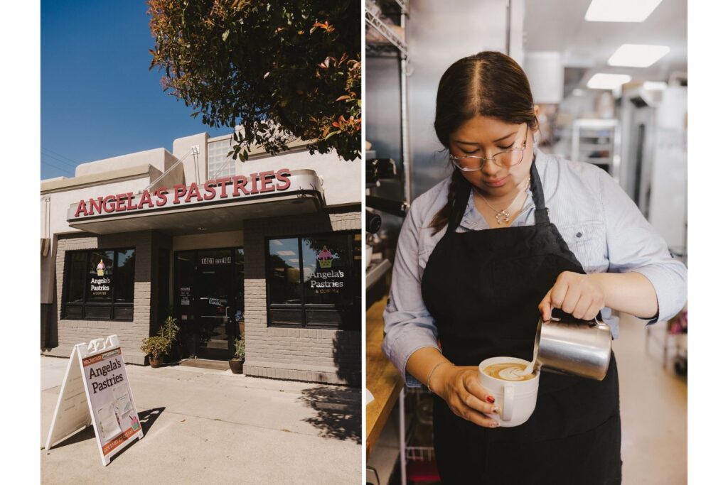 Angela's Pastries location, woman pouring latte