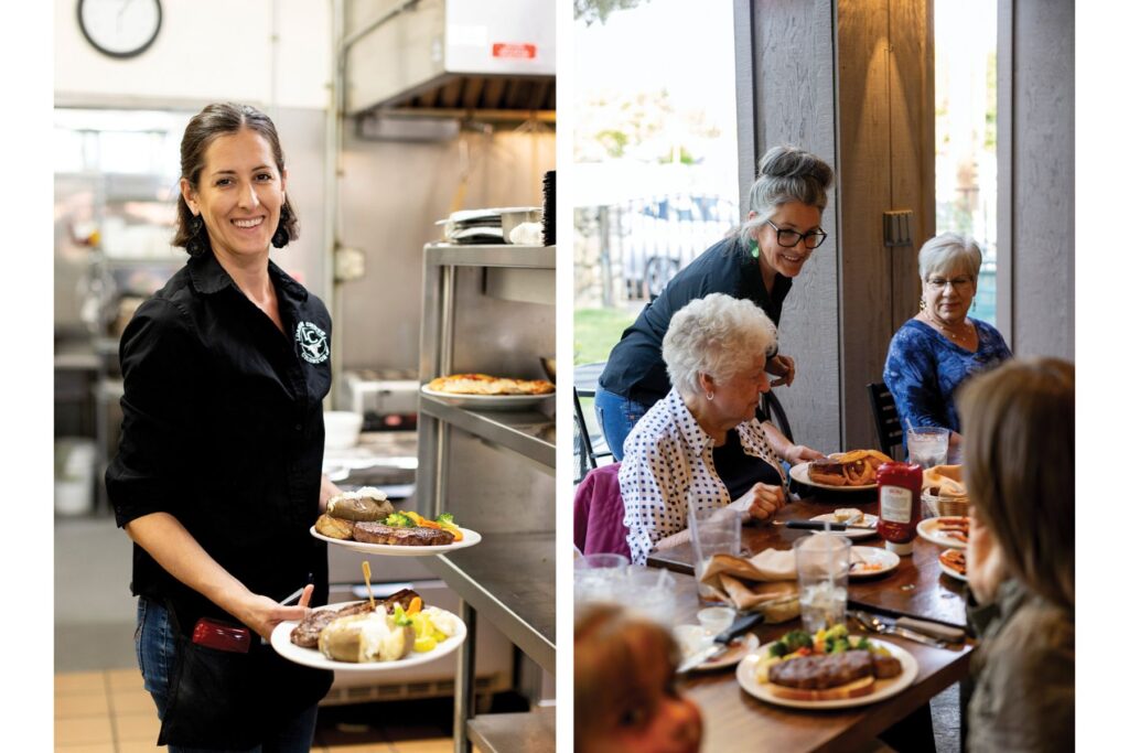 Left: Restaurant Manager Kristin Parker at dinner service. Right: A cozy outdoor patio has hosted hundreds of celebrations over the restaurant’s 25 years.
