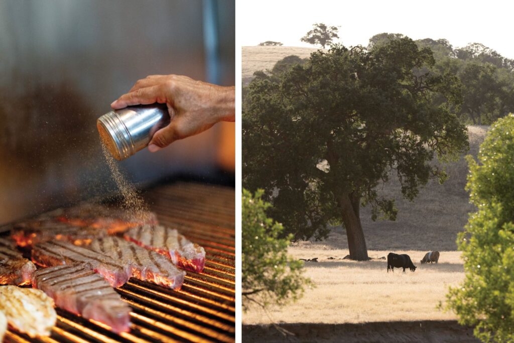 Left: David Zepeda grills meat on the oak pit. Right: This scene greets guests as they drive on The Loading Chute property.