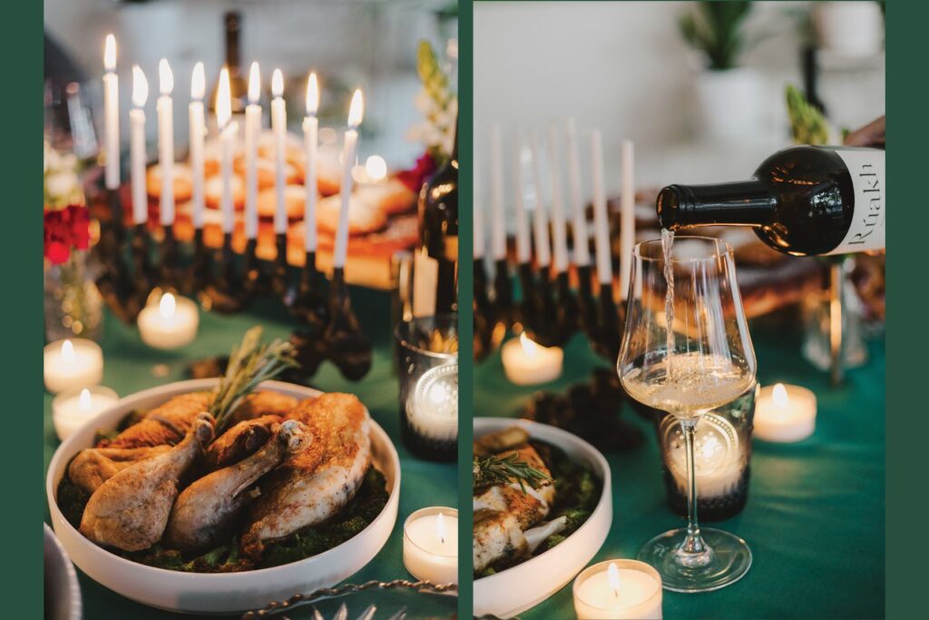 A classic roast chicken brings warmth to the Hanukkah table; Rúakh Wines Jugo de Puma chardonnay is poured. The name Rúakh is the transliteration of the Hebrew word for ‘an intangible force that fills us with purpose.’