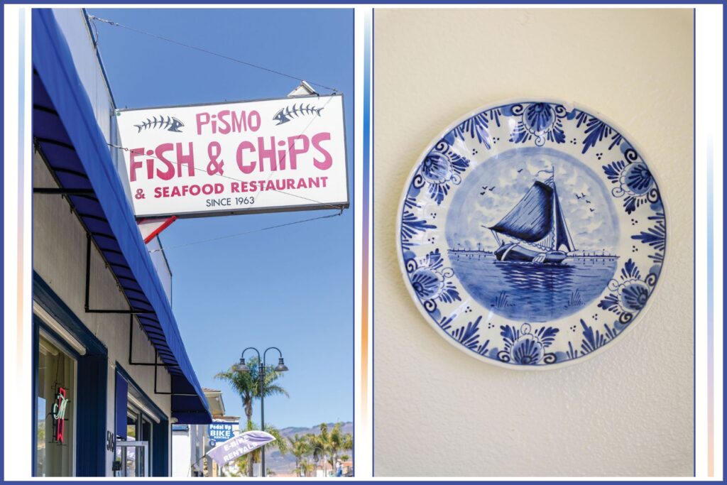 Exterior of Pismo Fish and Chips with another photo of art on the wall showing its history.