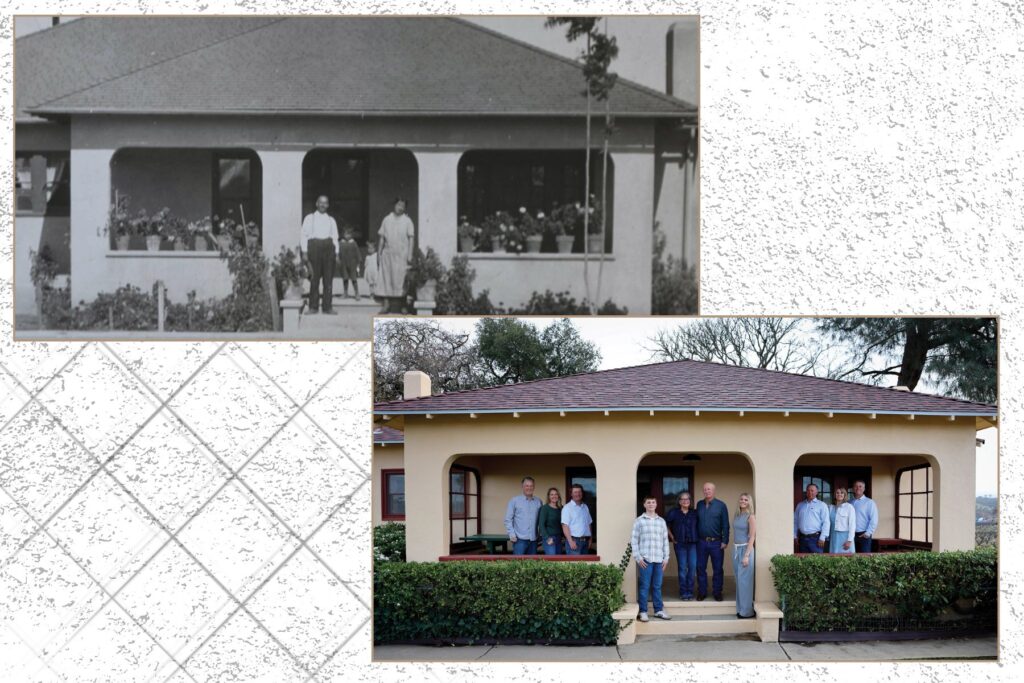 Top: Sylvester and Caterina Dusi with sons Dante and Guido on the porch of the family’s homestead in Paso Robles, circa 1935. Bottom: Members of the third, fourth and fifth generations of Dusis on the same porch in 2025. Photos courtesy of the Dusi family.