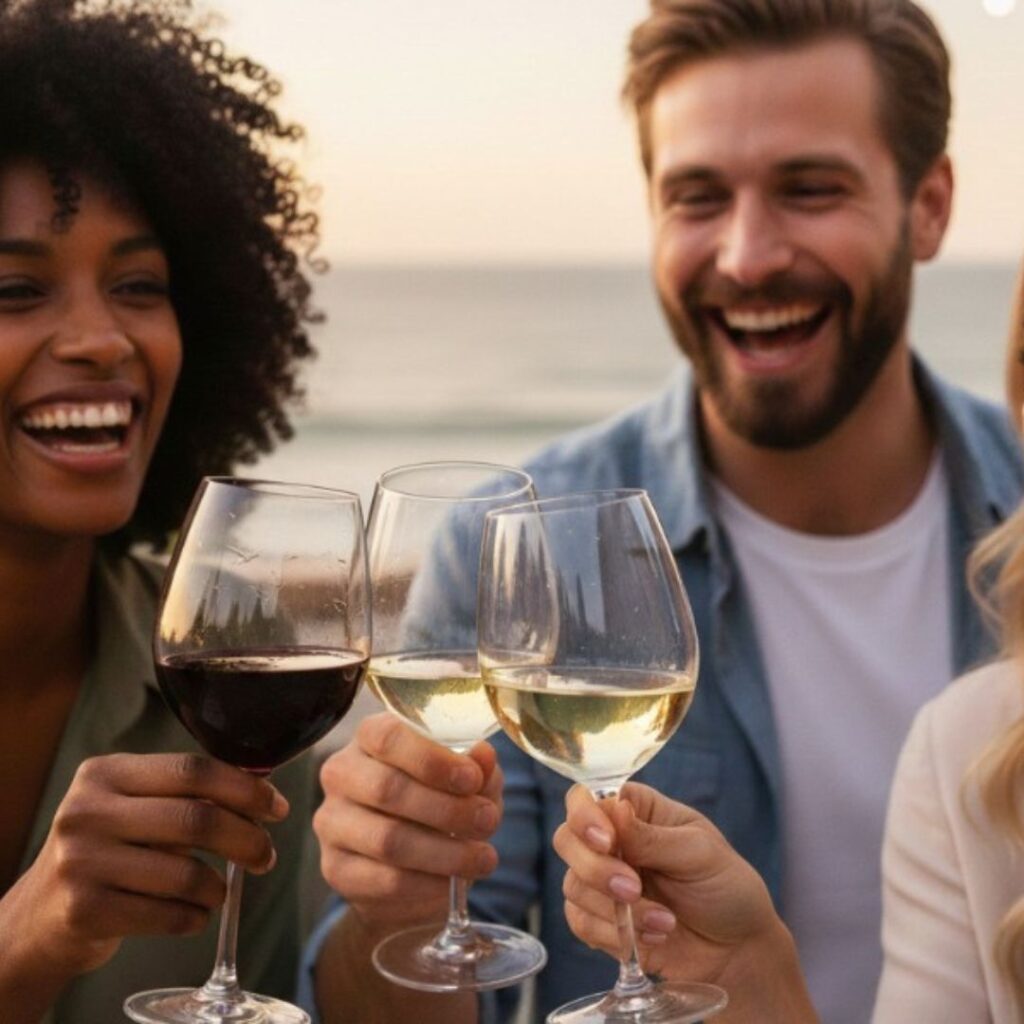 People clinking wine glasses together