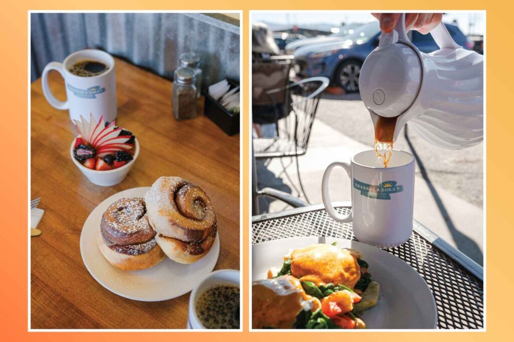 All food at Frankie & Lola’s is made from scratch, like their breads pictured here in the ‘Come Together’ toast; house-made cinnamon rolls are soft, sticky, spiraled with spice and served with a dusting of sugar. Eggs benedict and a hot cup of coffee to start the morning.