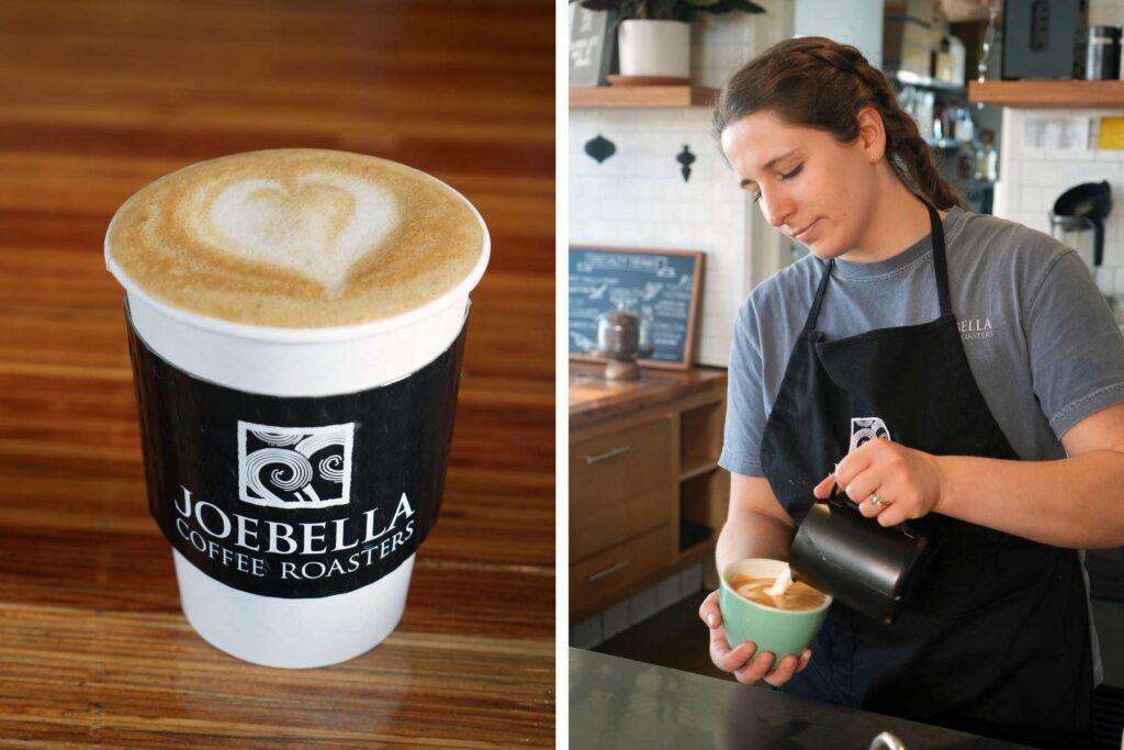 Two photos of Joebella Coffee, Bella Steffenauer pours a latte.