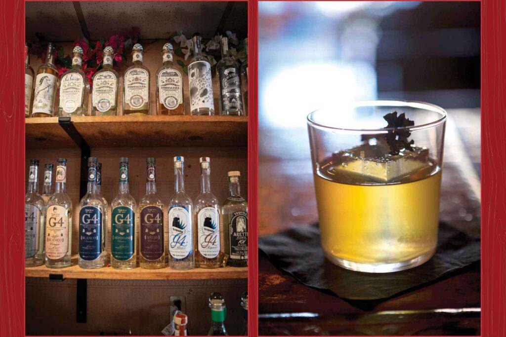Tequila tasting tours are available at the restaurant. The Cave Landing cocktail, garnished with dehydrated mushroom, is one of many drinks available through La Casita’s extensive bar program.