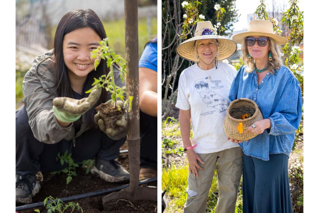 College Corps fellows from Cuesta College and Cal Poly who work on climate action, K-12 education and food insecurity, here tending to the farm. On the right, Farm leader Teresa Lees with resident herbalist Angela North.