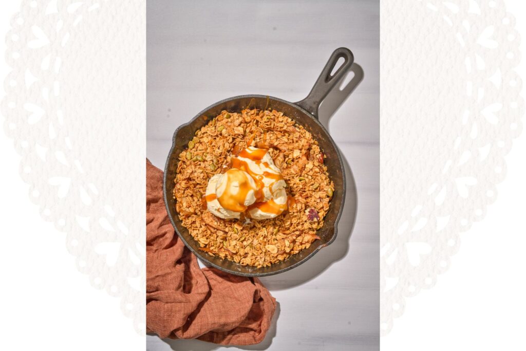 Maple-Pear Crisp with Oat Crumble & Sea Salt Caramel Drizzle