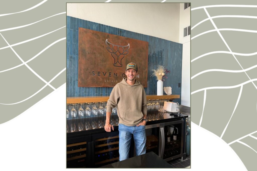 Bastien enjoys speaking with guests about his farming approach while they sip in the tasting room.