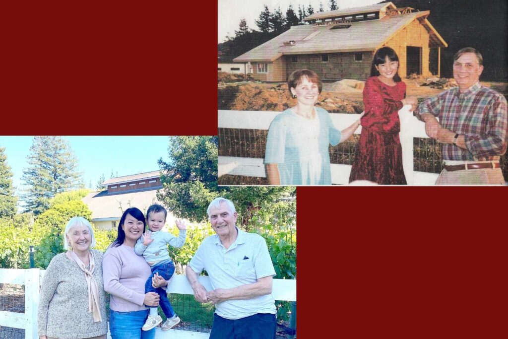 A side-by-side of Clay and Fredericka with their daughter, Elizabeth, in front of the winery during construction of the straw bale building in 1995; the Thompson Family today: Fredericka, Elizabeth, grandson Benjamin, and Clay.